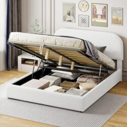 Queen Size Upholstered Platform Bed With Hydraulic Storage System - White