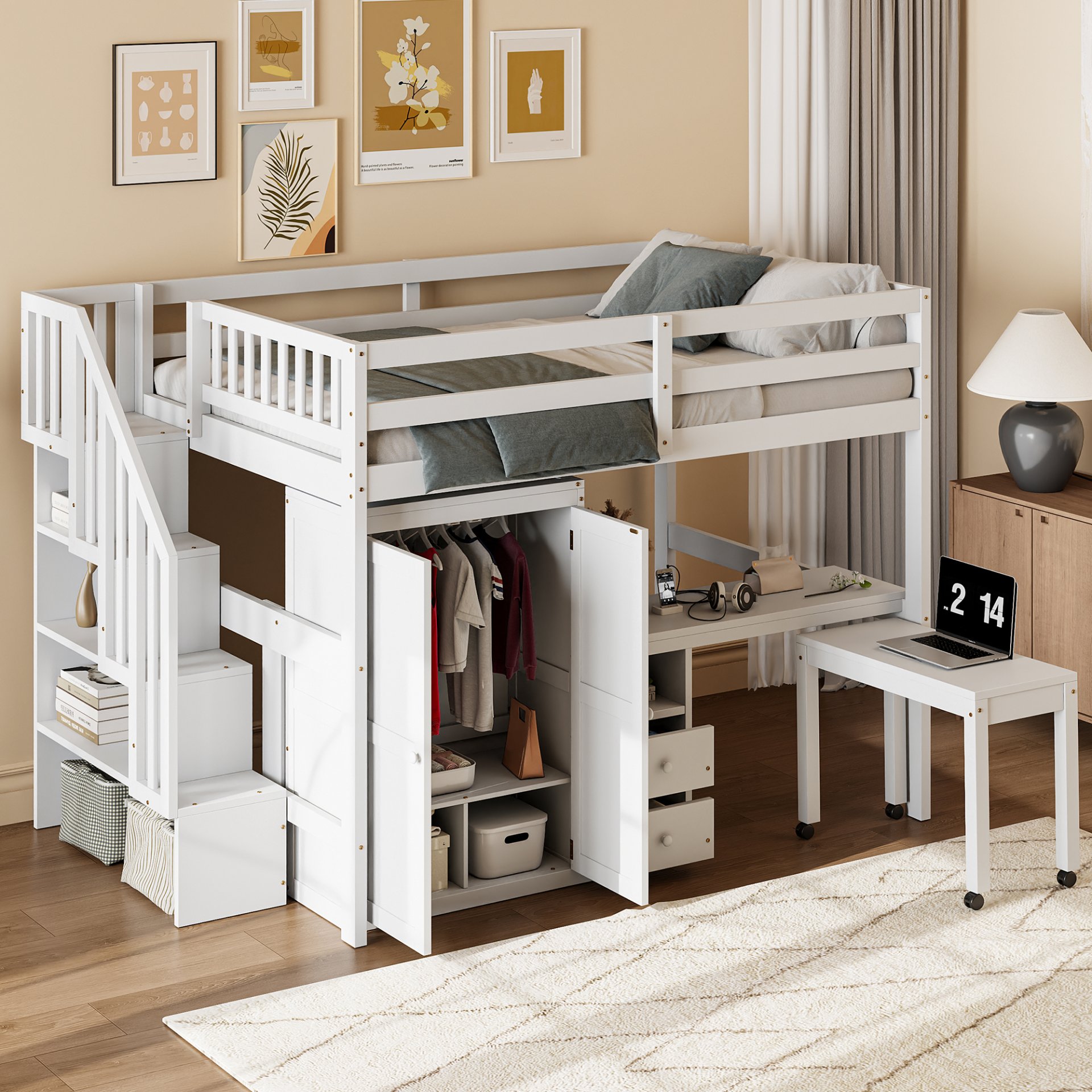 Full Size Loft Bed With Stairs, Bookshelf, Drawers, Desk & Wardrobe, Space Saving Multifunctional Furniture - White - Image 3
