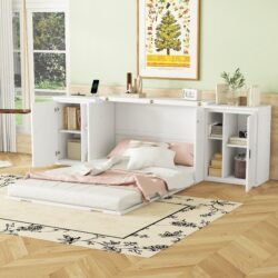 Full Size Murphy Bed With Shelves, Cabinets And USB Ports - White