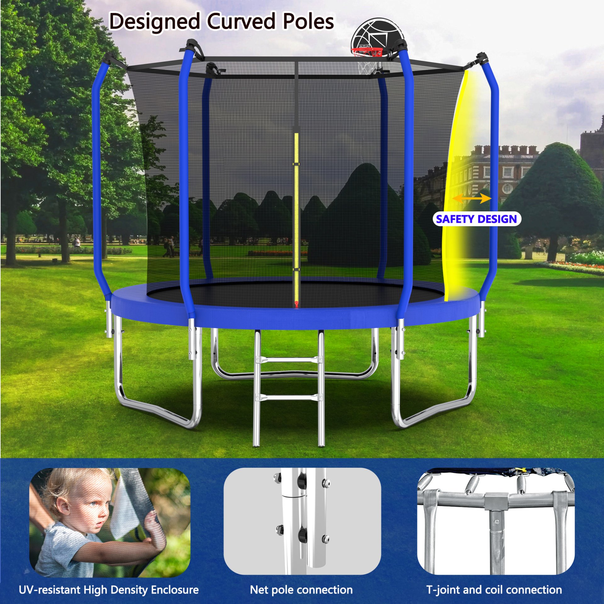 8Ft Trampoline With Basketball Hoop, Astm Approved Reinforced Type Outdoor Trampoline With Enclosure Net - Blue - Image 11