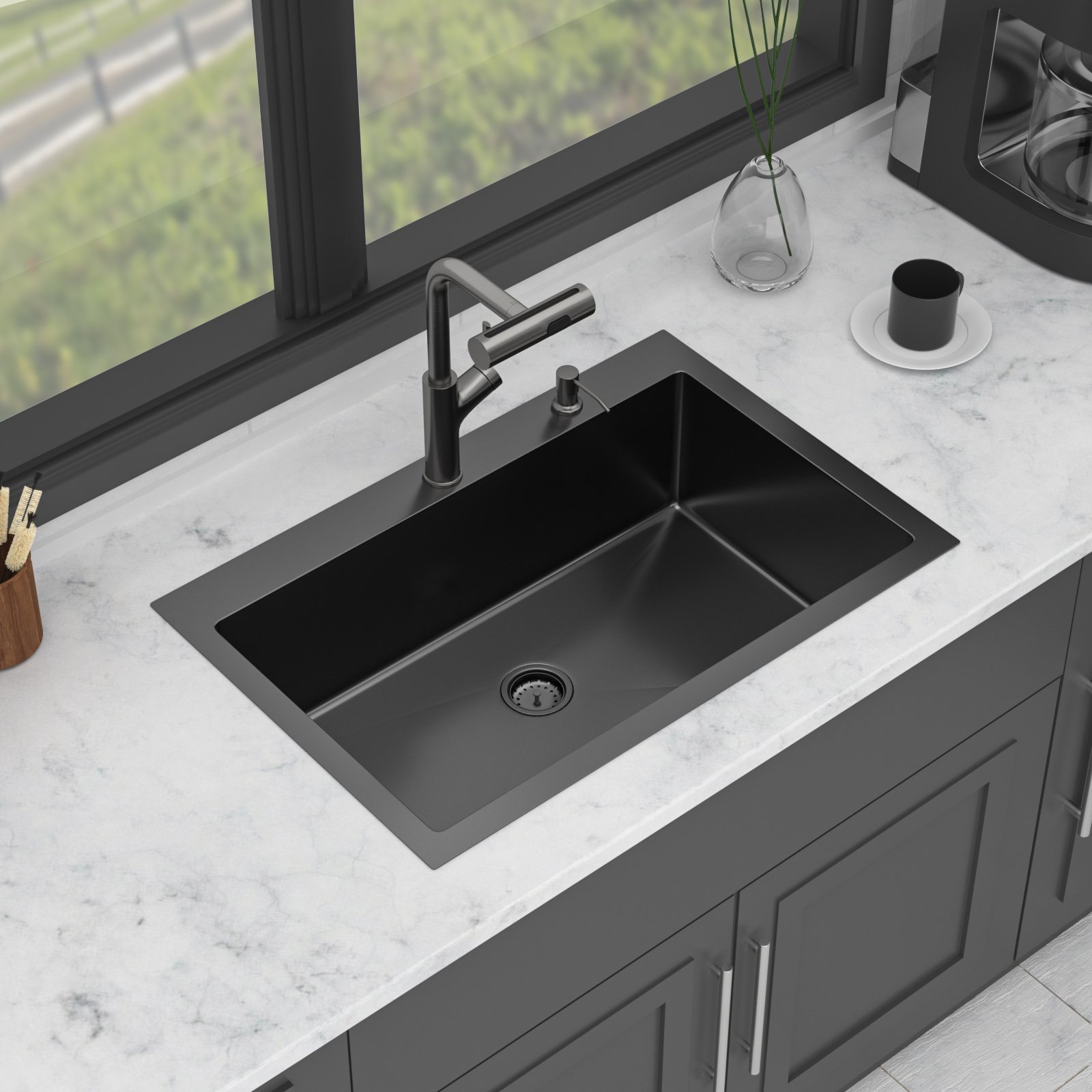 30" Drop In Kitchen Sink With Pull Out Faucet And Soap Dispenser 16 Gauge T 304 Single Bowl Topmount Sink - Gunmetal Black - Image 4