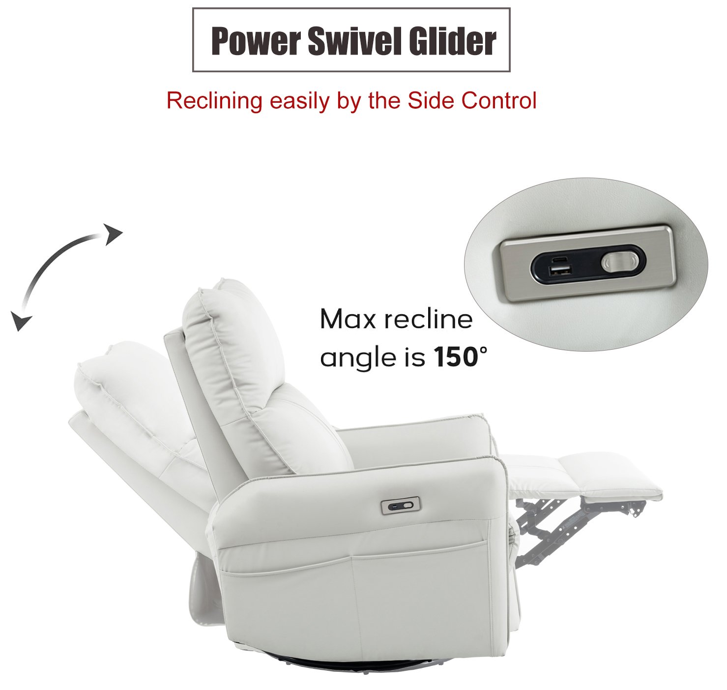 29.92" 270 Power Swivel Rocker Recliner Chair, Electric Glider Reclining Sofa With USB Ports, Power Swivel Glider, Rocking Chair Nursery Recliners For Living Room Bedroom - Light Gray - Image 3