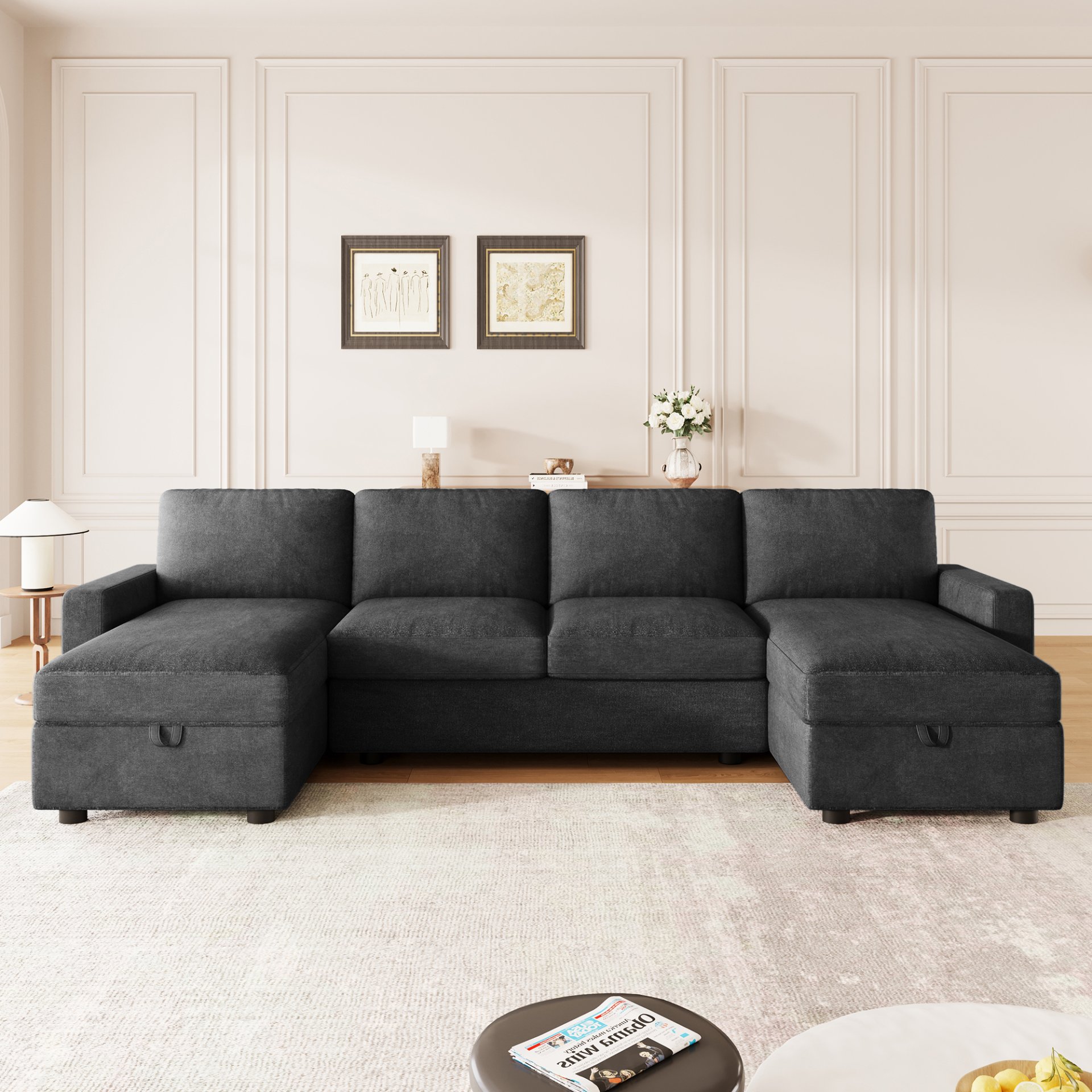 Convertible U Shaped Sectional Sofa With Storage Chaise Lounges And USB Ports - Black - Image 8