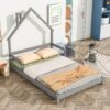 Full House-Shaped Headboard Bed With Handrails, Slats - Gray - Image 3