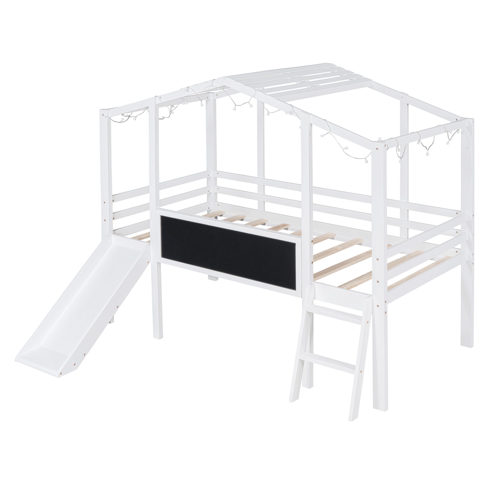 Twin Size Loft House Bed With Ladder And Slide, With Blackboard And Light Strip On The Roof - White - Image 6