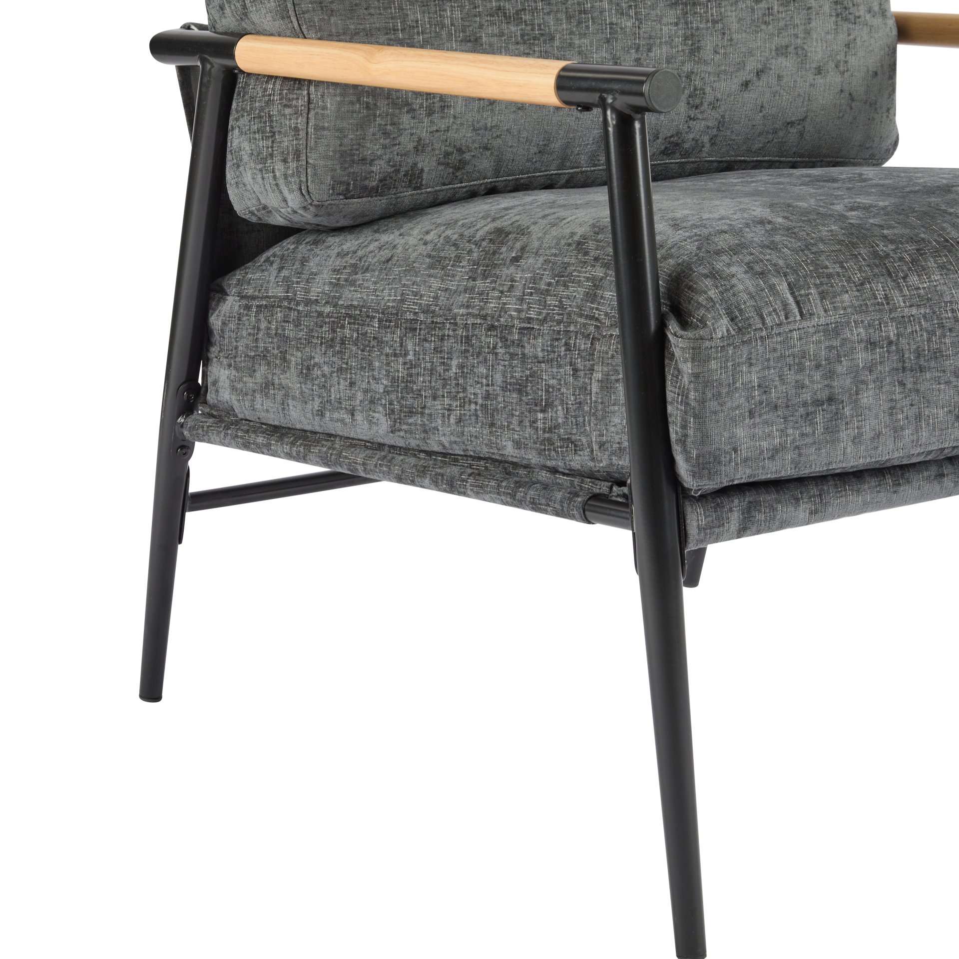 Modern Accent Chair With Plush Cushions, Minimalist Metal Frame, Wooden Armrest - Gray - Image 13