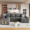 U-Shaped Sectional Sofa Pull-Out Sofa Bed With Two USB Ports, A Storage Chaise Lounge And Four Back Pillows For Living Room - Gray - Image 3