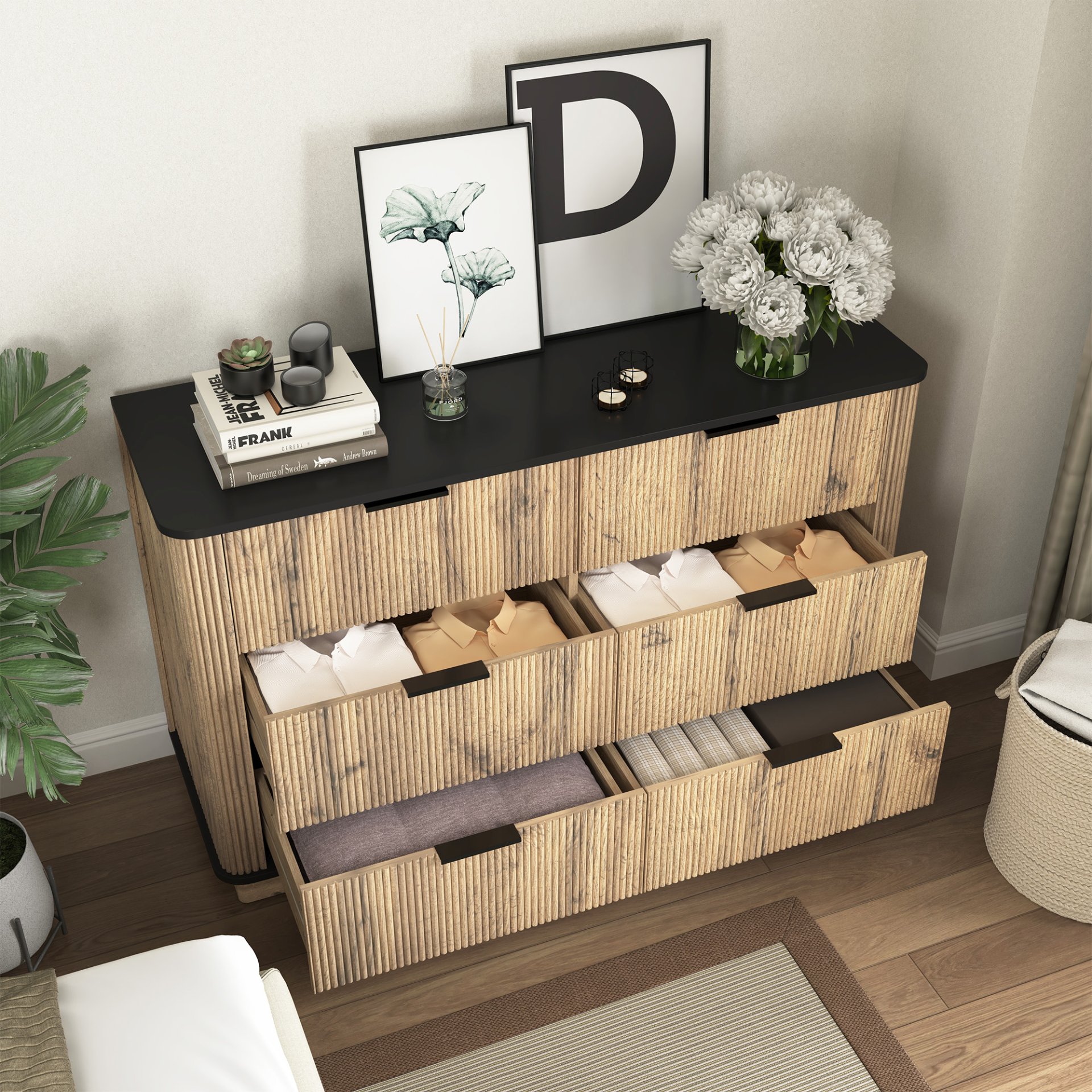 Modern 6 Drawer Cabinet With Metal Rounded Corners And Exquisite Handles Multi Functional Storage - Natural Wood - Image 5