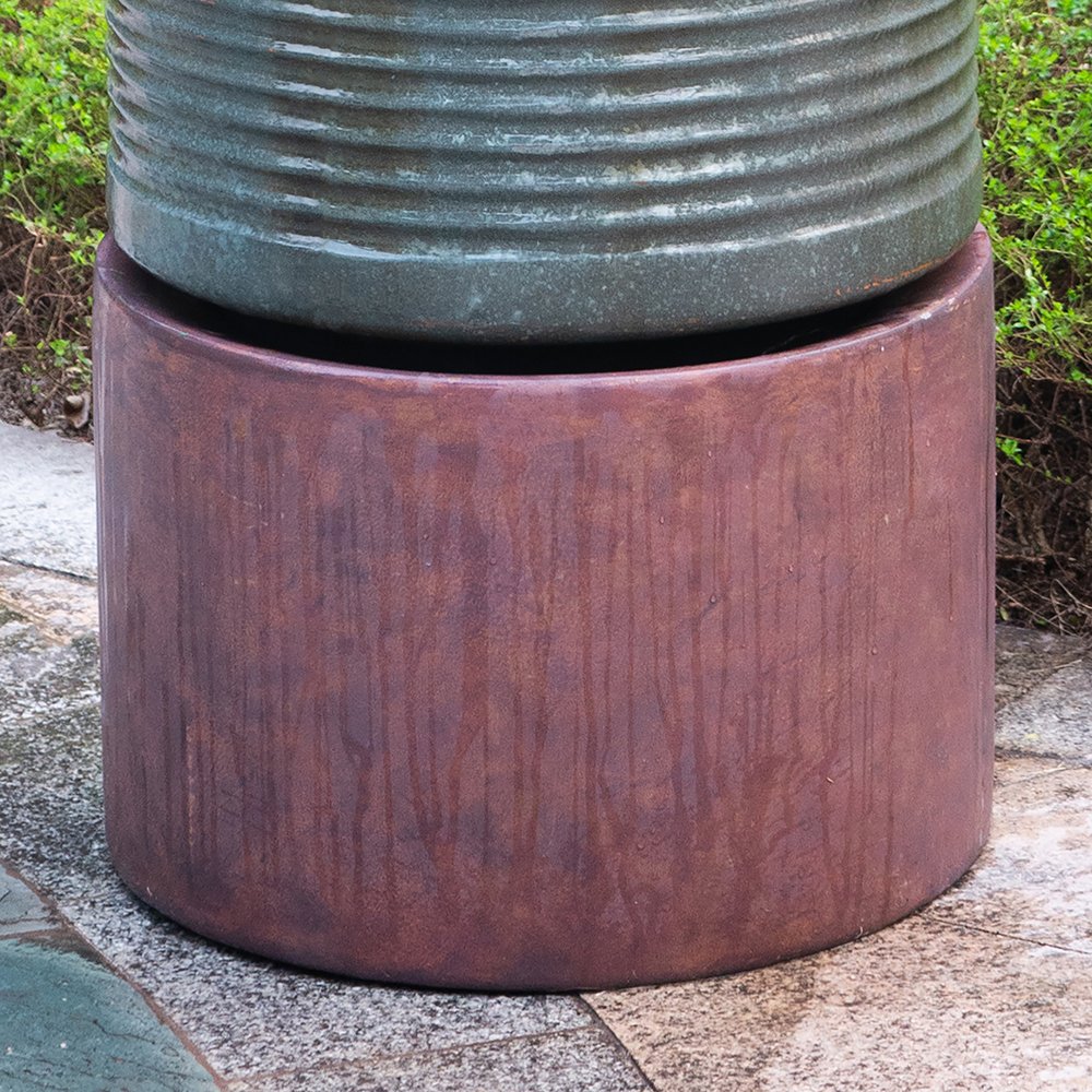 Tall Large Modern Cylinder Ribbed Tower Water Fountain With Rustic Base, Contemporary Antique Green Copper Outdoor Bird Feeder / Bath Cement Fountain - Antique Green - Image 9