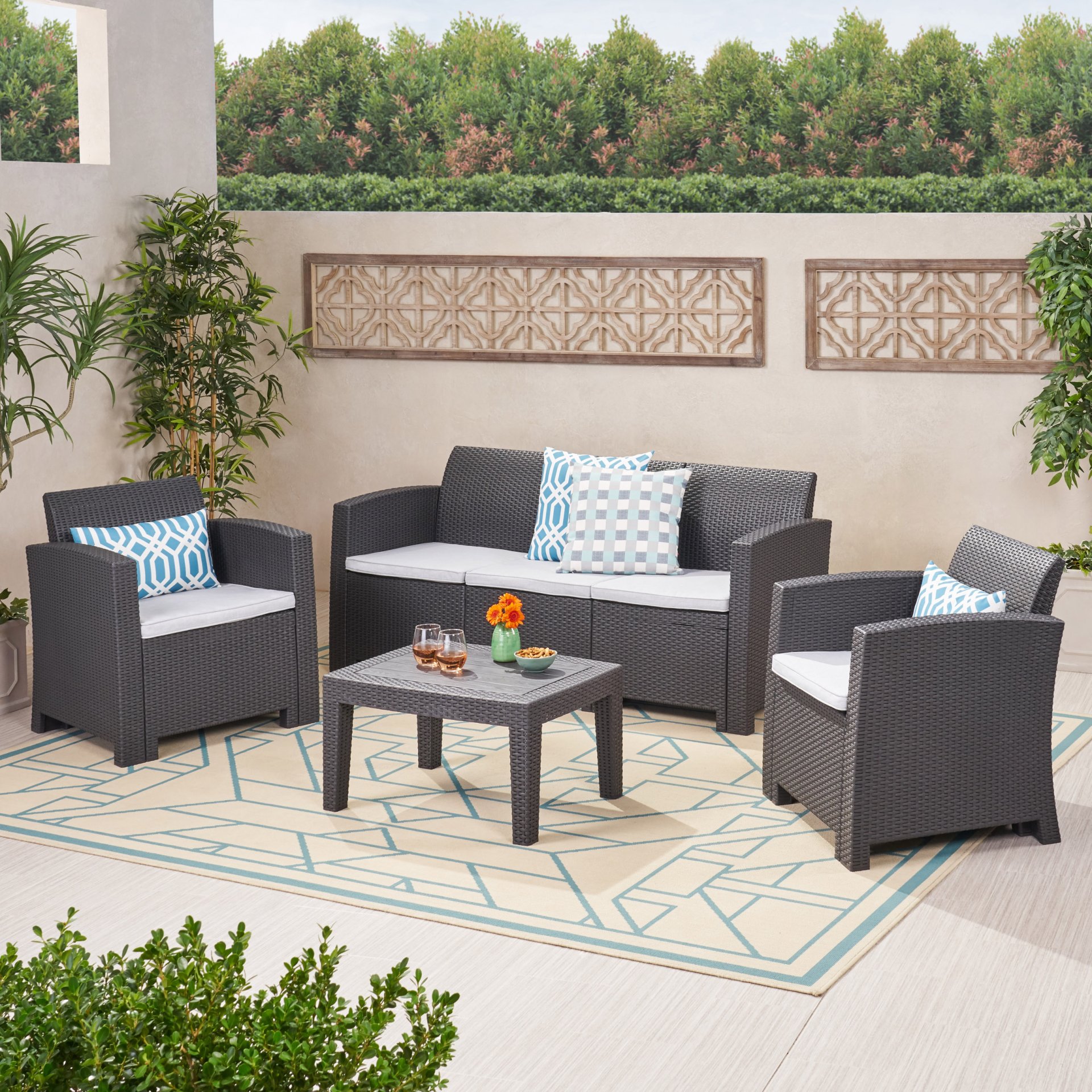Velvora - Outdoor Wicker Set With 3 Seater Sofa, 2 Club Chairs, Coffee Table And Cushions - Brown - Image 2