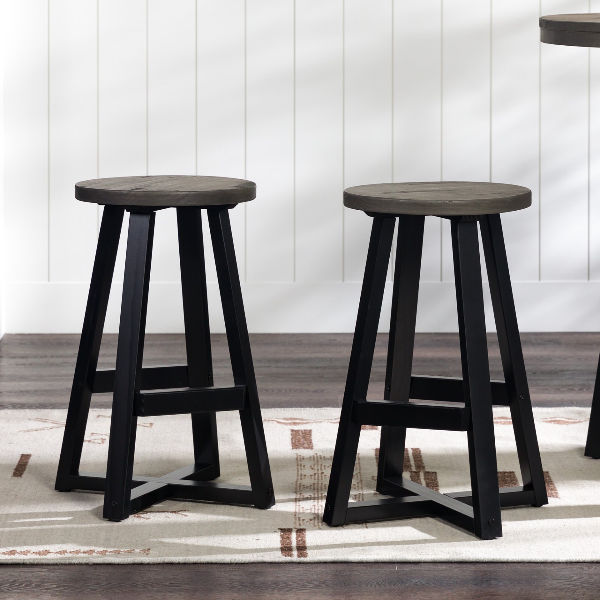 Rustic Distressed Solid Wood Round Dining Stool - Gray - Image 6