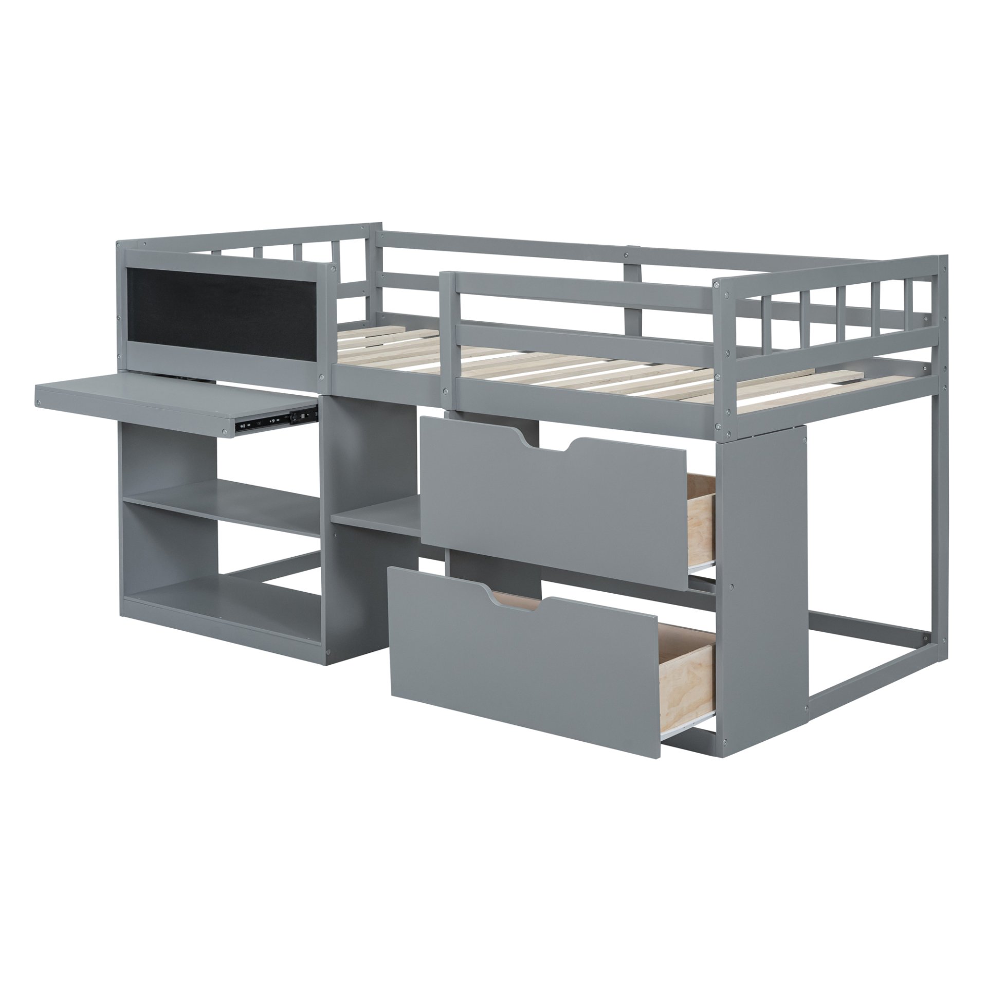 Twin Size Low Loft Bed With Rolling Desk, Shelf And Drawers - Gray - Image 7