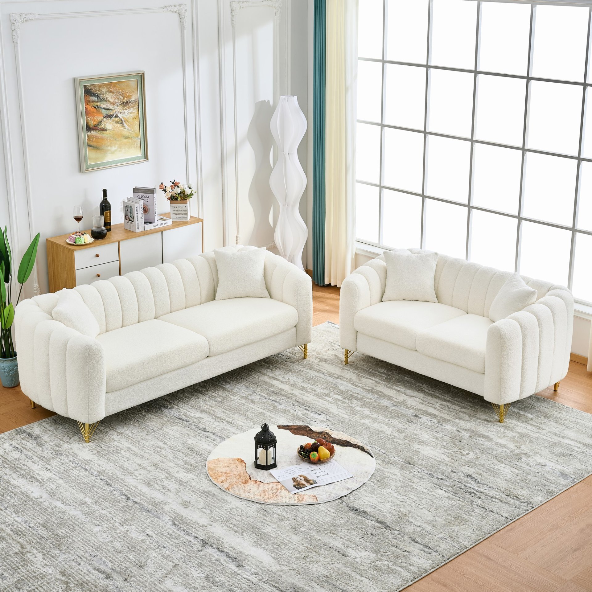 Oversized Sofa, 3 And 2 Seater - Beige - Image 5
