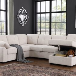 Nyhan - Upholstered Corner Sectional With Pull Out Loveseat And Storaged Chaise - Beige