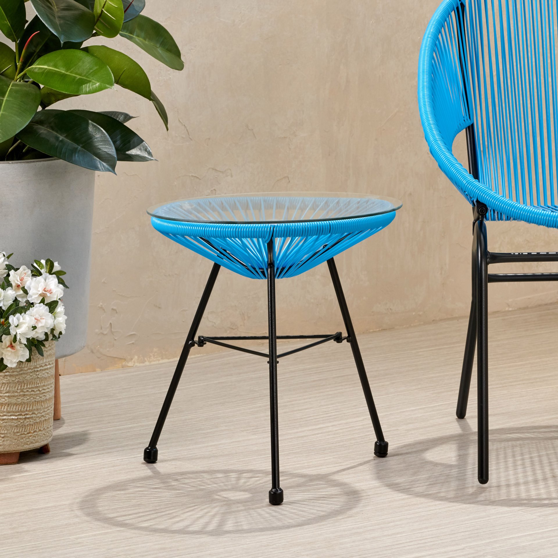 Nusa - Modern Rattan Side Table With Tempered Glass Top - Blue - Image 2