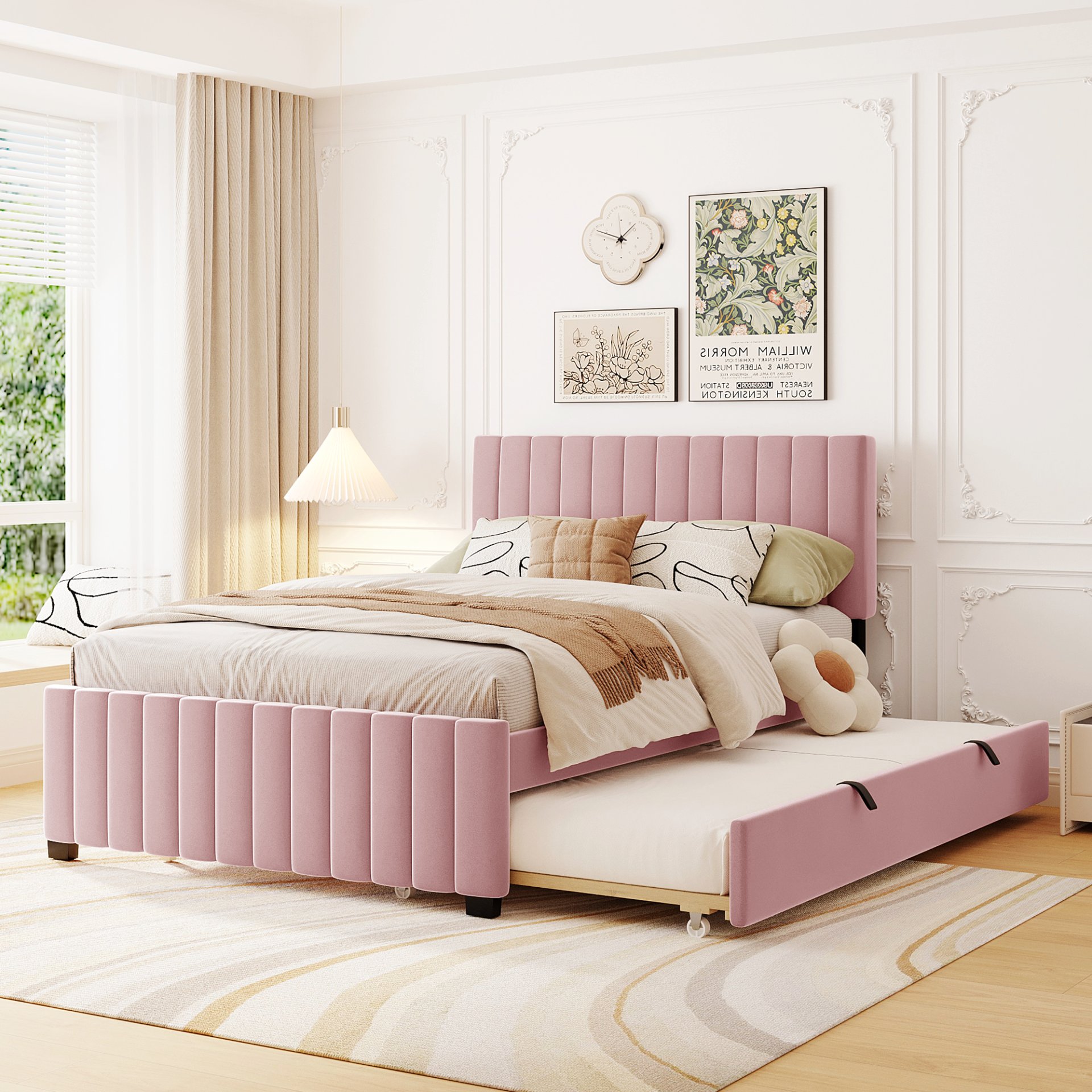 Full Size, Elegant Upholstered Platform Bed With Twin Size Trundle - Pink - Image 2