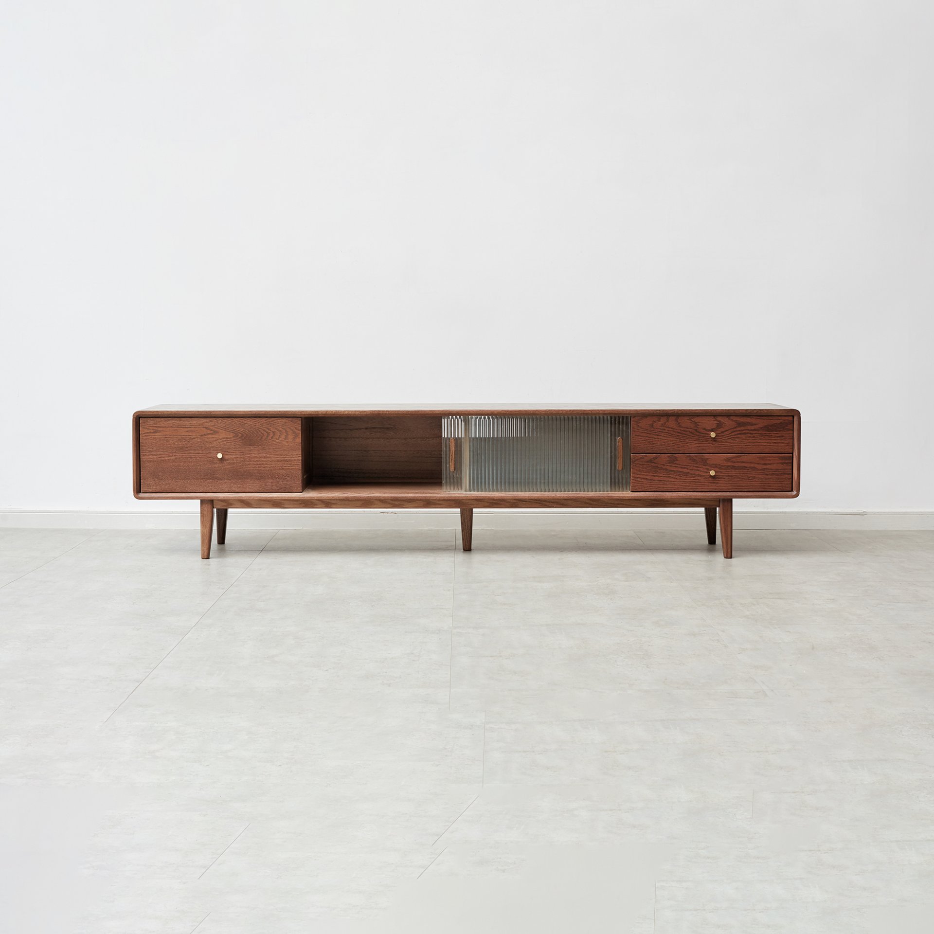 TV Cabinet With Chinese Changhong Glass Doors, Two Drawer Storage Space TV Standing - Walnut - Image 7