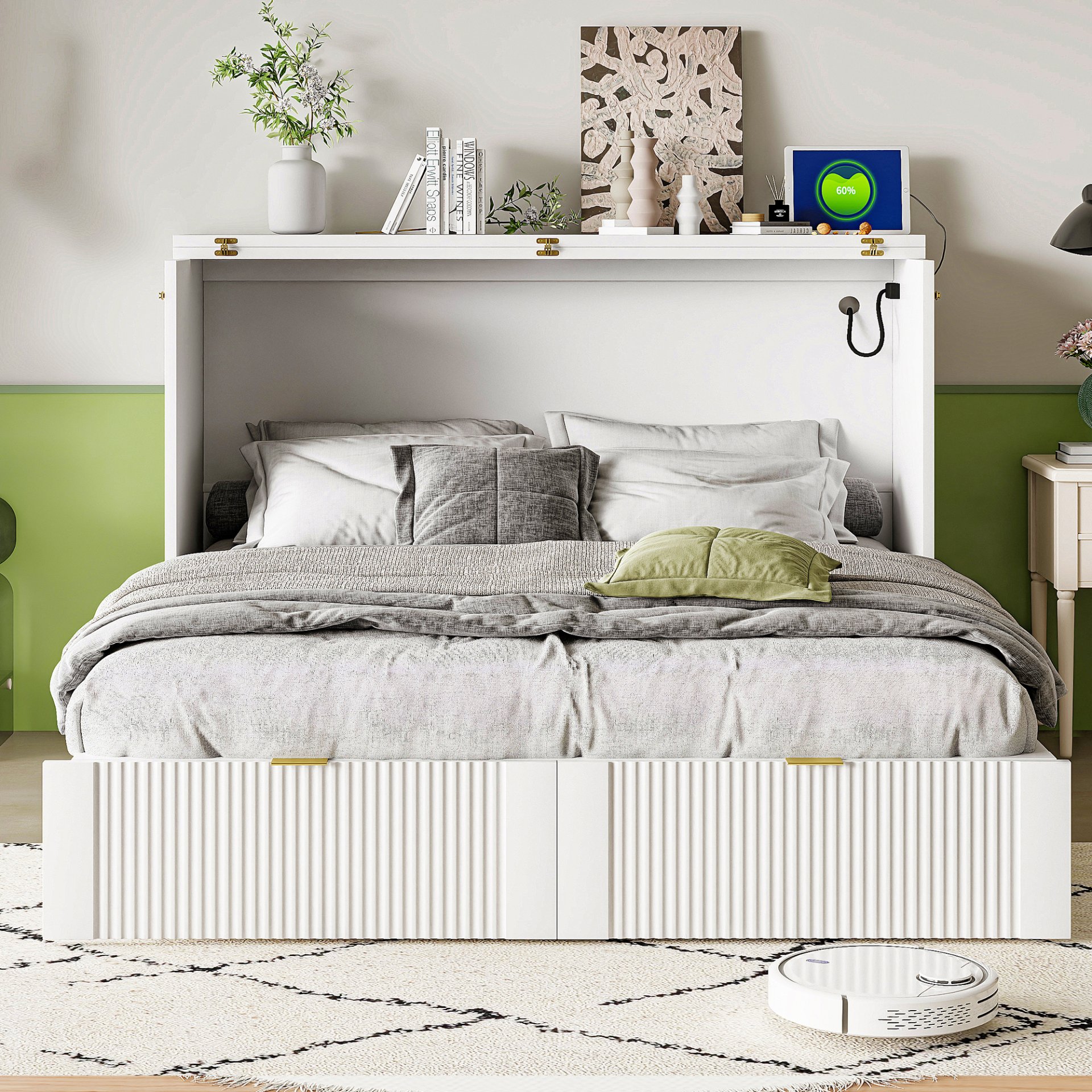 Full Size Murphy Bed With Drawer And A Set Of Sockets & USB Ports, Pulley Structure Design - White - Image 3