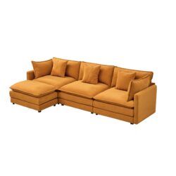Modular Chenille L Shaped Sofa With Ottoman, Deep Seat, Cushions - Orange