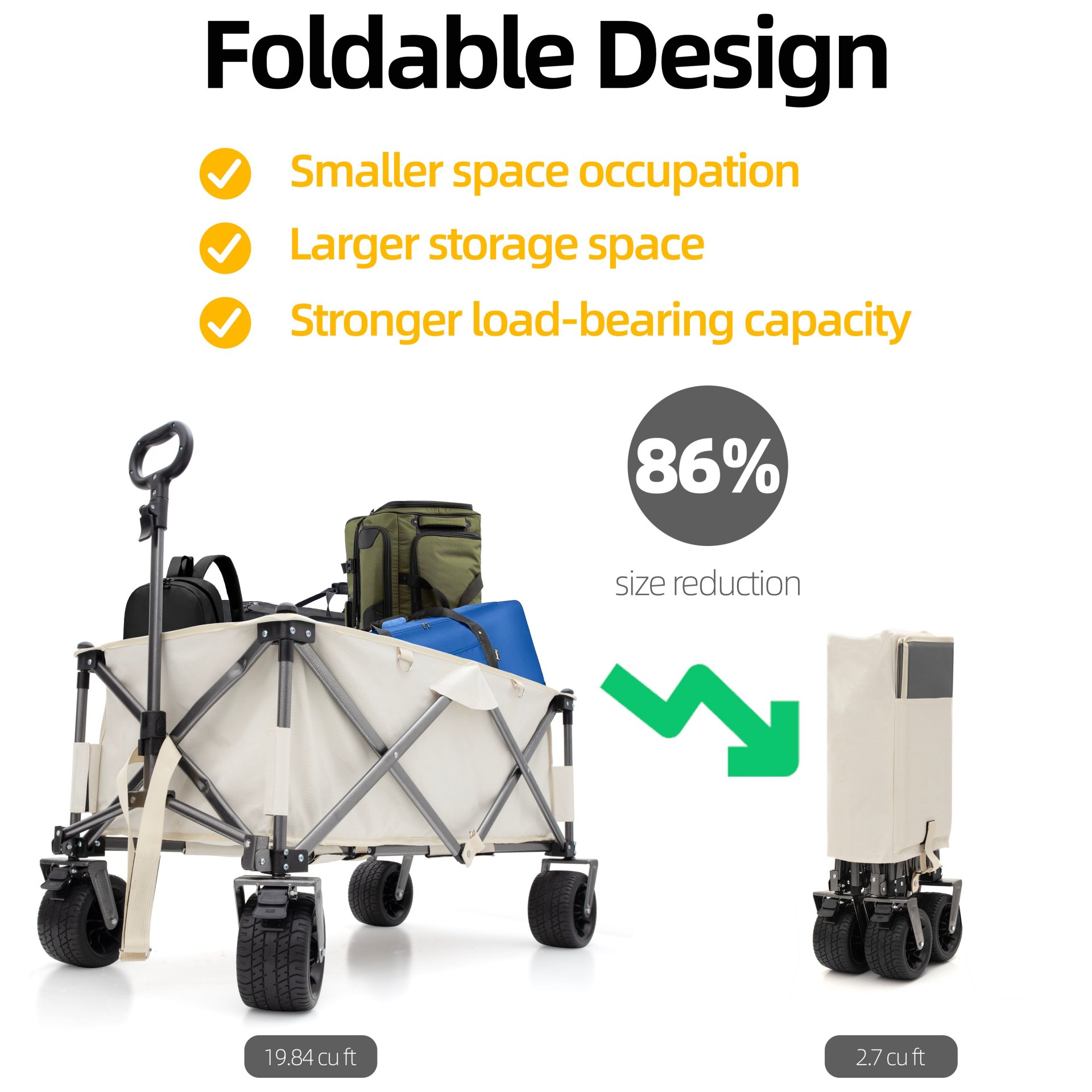 Folding Wagon, Heavy Duty Utility Beach Wagon Cart For Sand With Big Wheels, Adjustable Handle & Drink Holders For Shopping, Camping, Garden And Outdoor - Antique White / Gray - Image 10