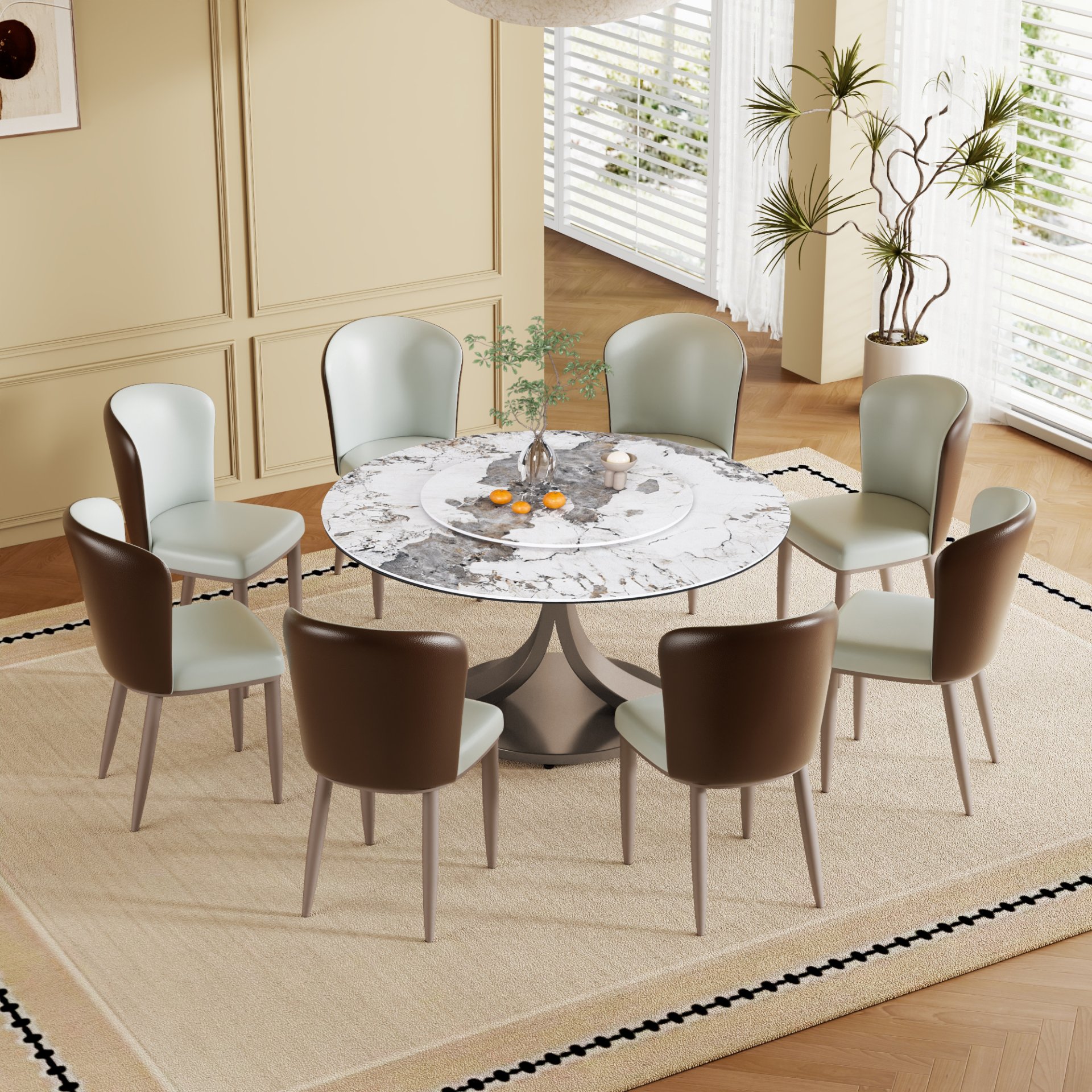 Round Dining Table With 360° Rotating Lazy Susan Top For Dining Room & Kitchen, 8 Chairs - White - Image 8