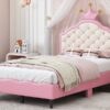 Twin Size Lovely Crown Fantasy Leather Princess Bed With Tufted Headboard - Pink / Cream - Image 14