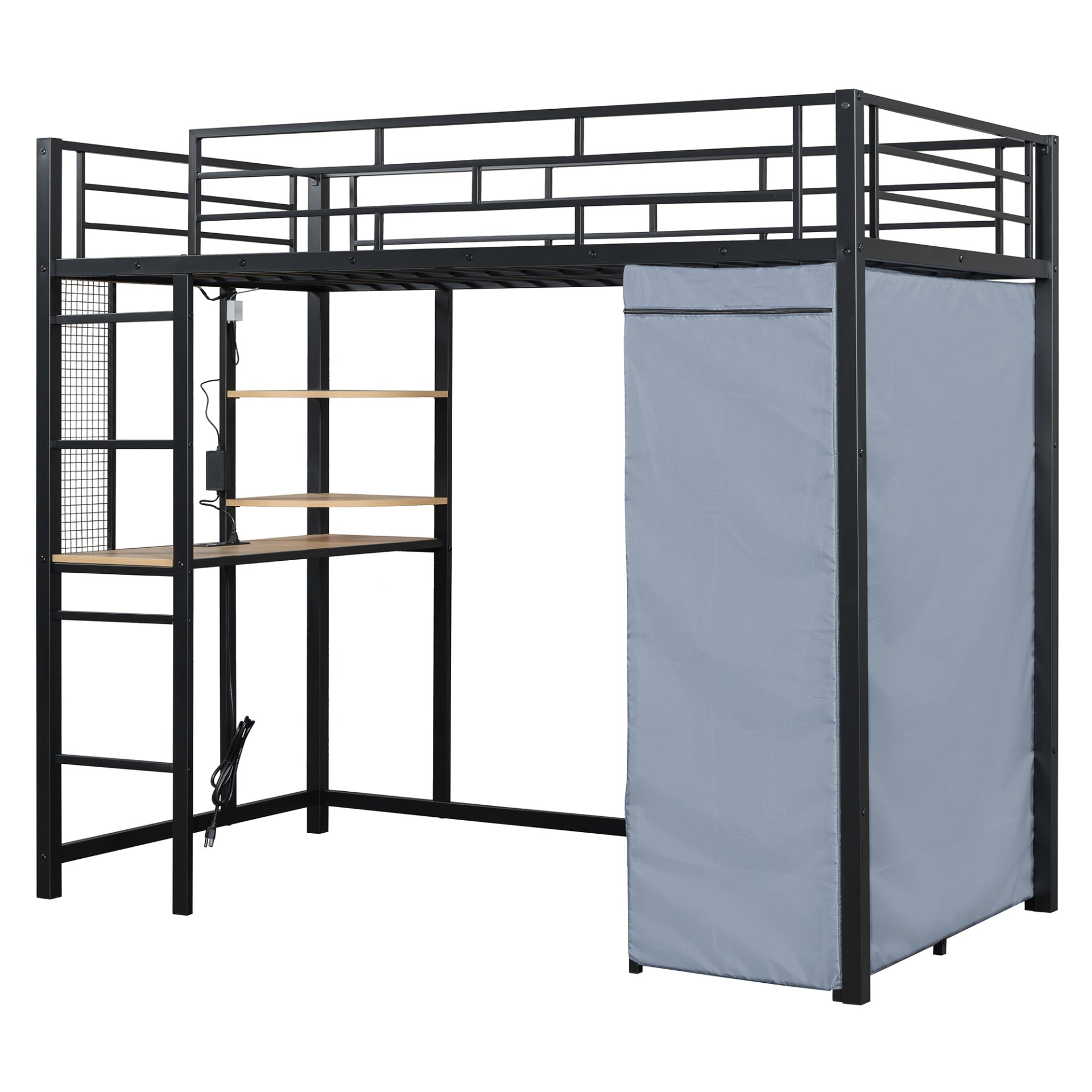 Twin Size Loft Bed With Desk, Shelves, Power Outlet, LED Light And Wardrobe - Black - Image 19