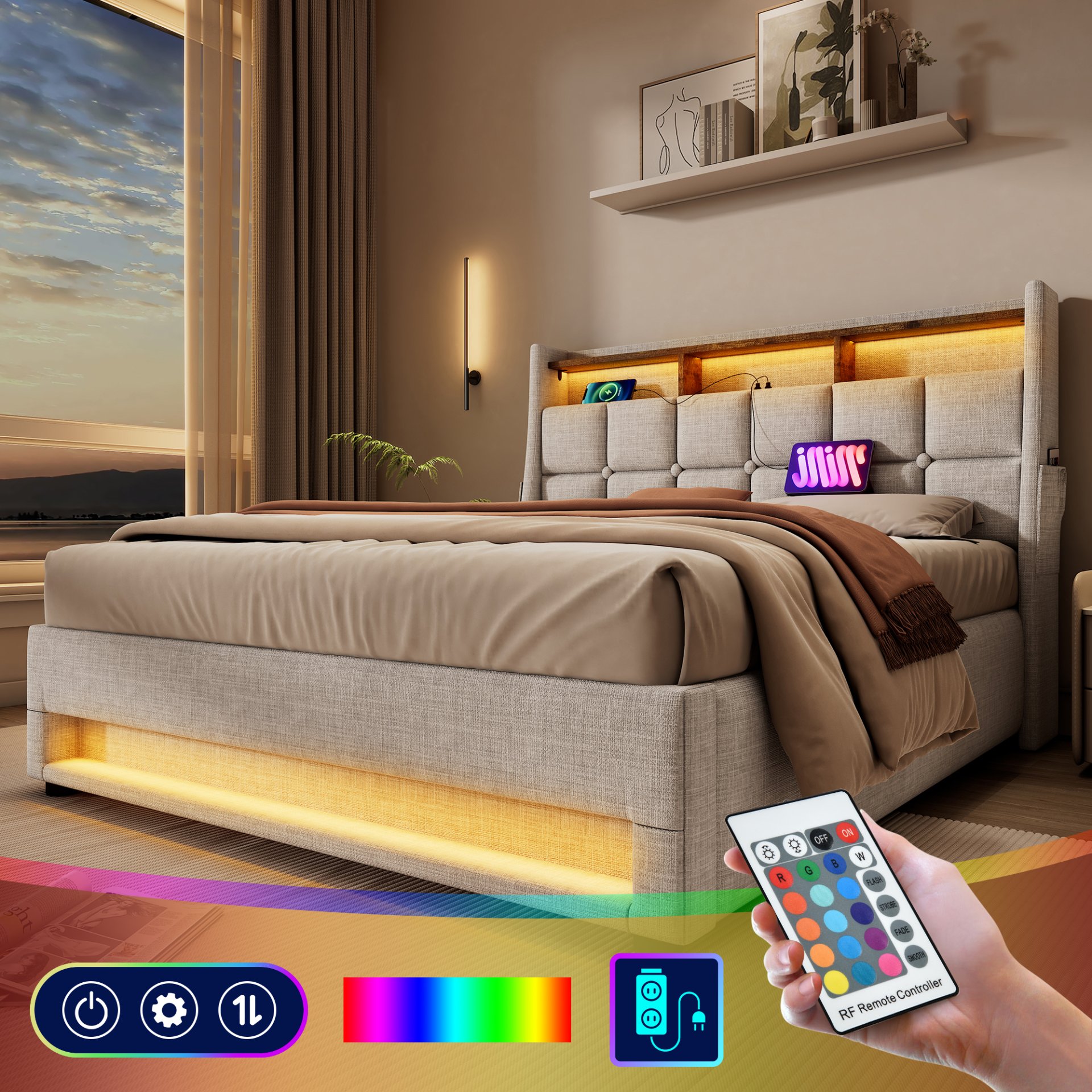 Full Size Upholstered Platform Bed With A Hydraulic Storage System, LED And USB Charging (Without Mattress) - Natural - Image 19