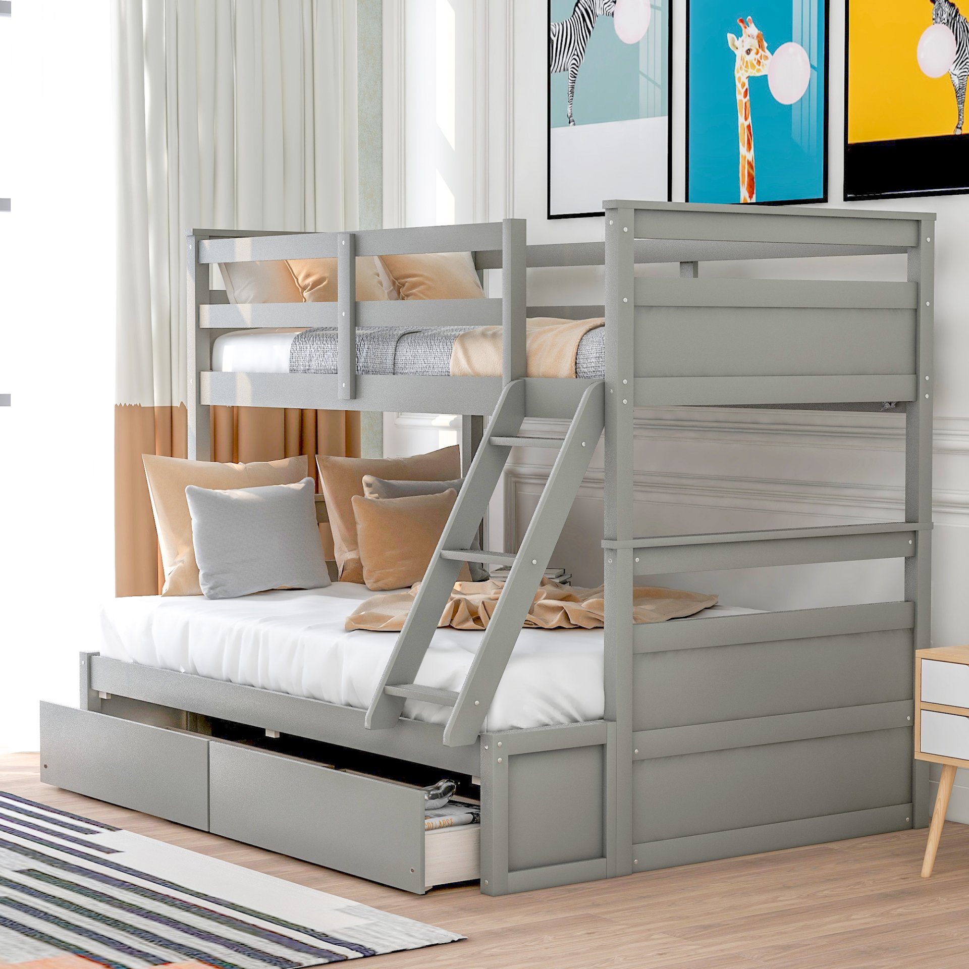 Twin Over Full Bunk Bed With Storage - Gray - Image 3