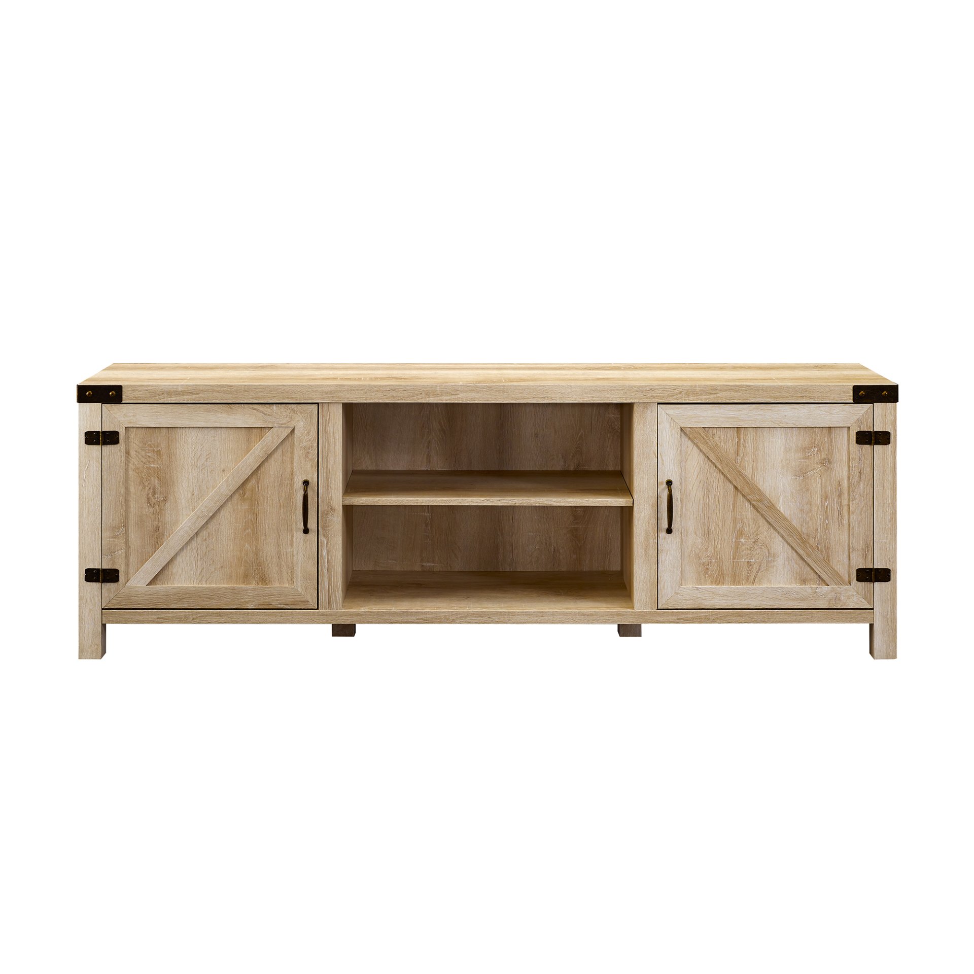 Rustic Farmhouse Double Barn Door 70" TV Stand For 80" TVs With Center Shelves - White Oak - Image 4