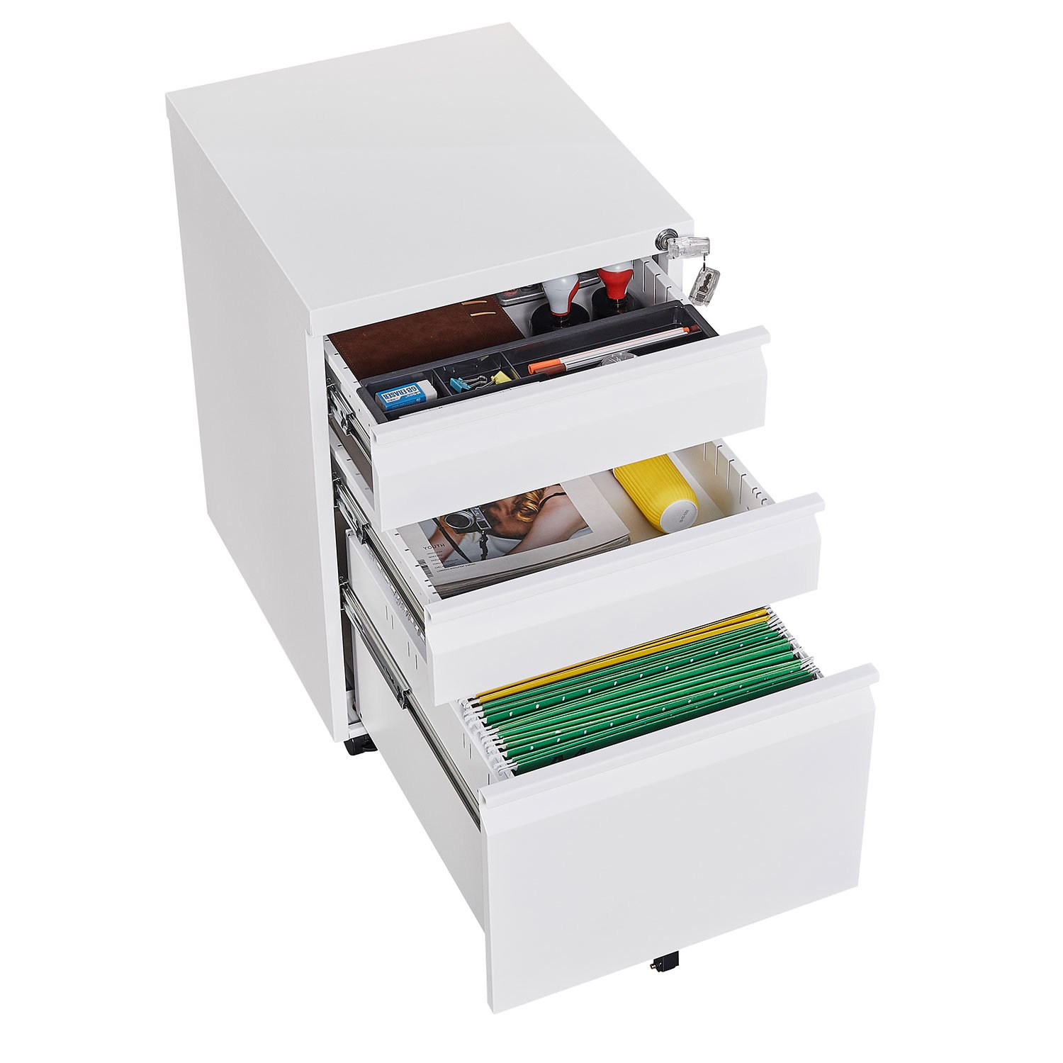 Modern 3 Drawer Mobile Filing Cabinet With Lock, Metal Office Storage, Legal / Letter Size - White - Image 7