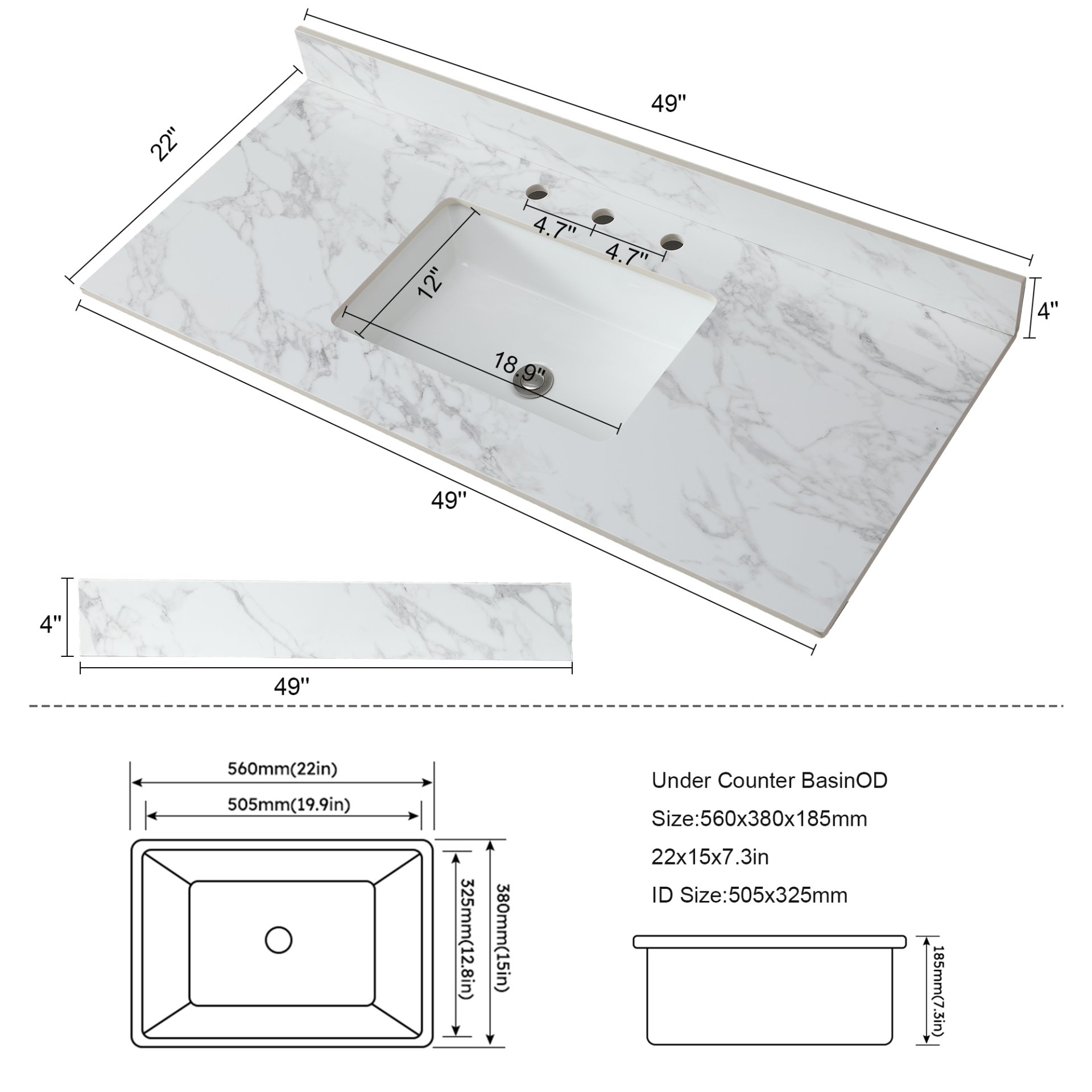 Elegant Sintered Stone Bathroom Vanity Top With Rectangular Undermount Ceramic Sink And Backsplash - White - Image 6