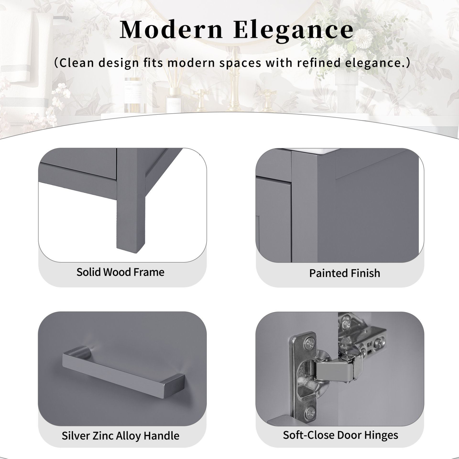 24" Bathroom Vanity With Integrated Undermount Sink, 2 Doors 1 Drawer, Soft Close Hinges, - Gray - Image 7