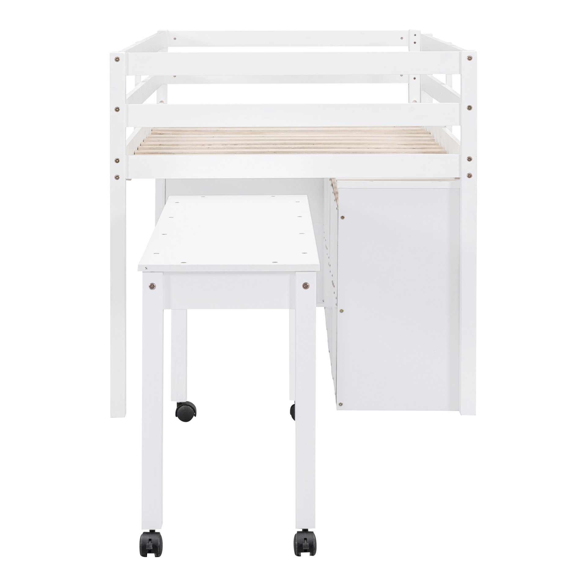 Twin Size Loft Bed With Retractable Writing Desk And 4 Drawers, With Lateral Portable Desk And Shelves - White - Image 12