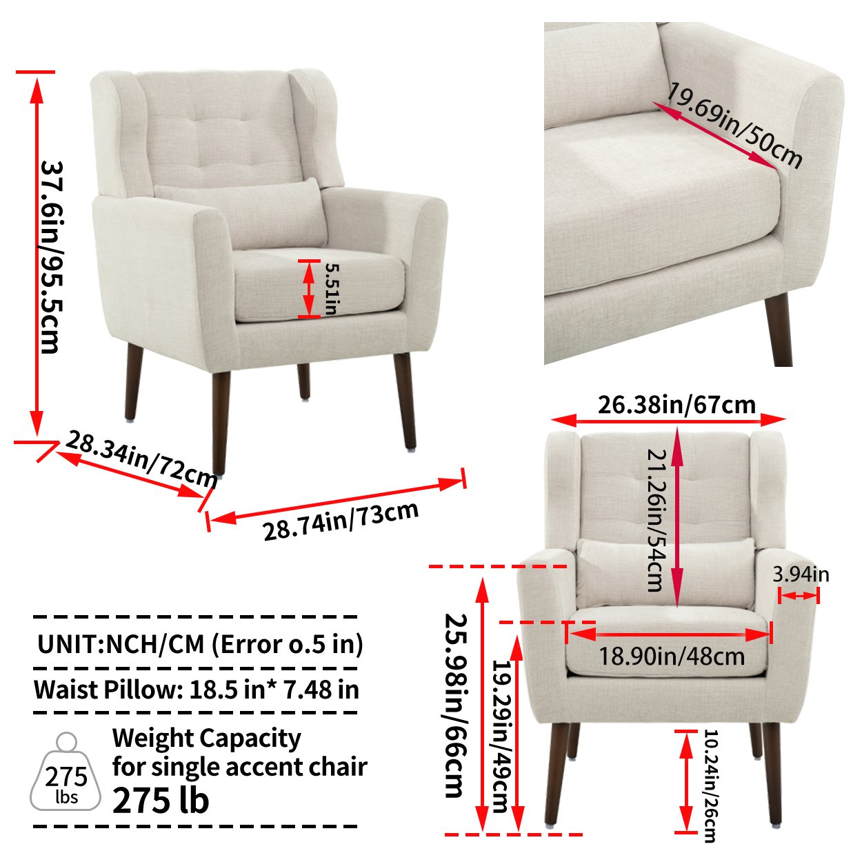 Modern Accent Chair Upholstered Foam Filled Living Room Chairs Comfy Reading Chair Mid-Century Modern Chair With Chenille Fabric Lounge Arm Chairs Armchair For Living Room Bedroom - Beige - Image 9