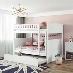 Full Over Full Bunk Bed With Twin Size Trundle, Guardrails - White