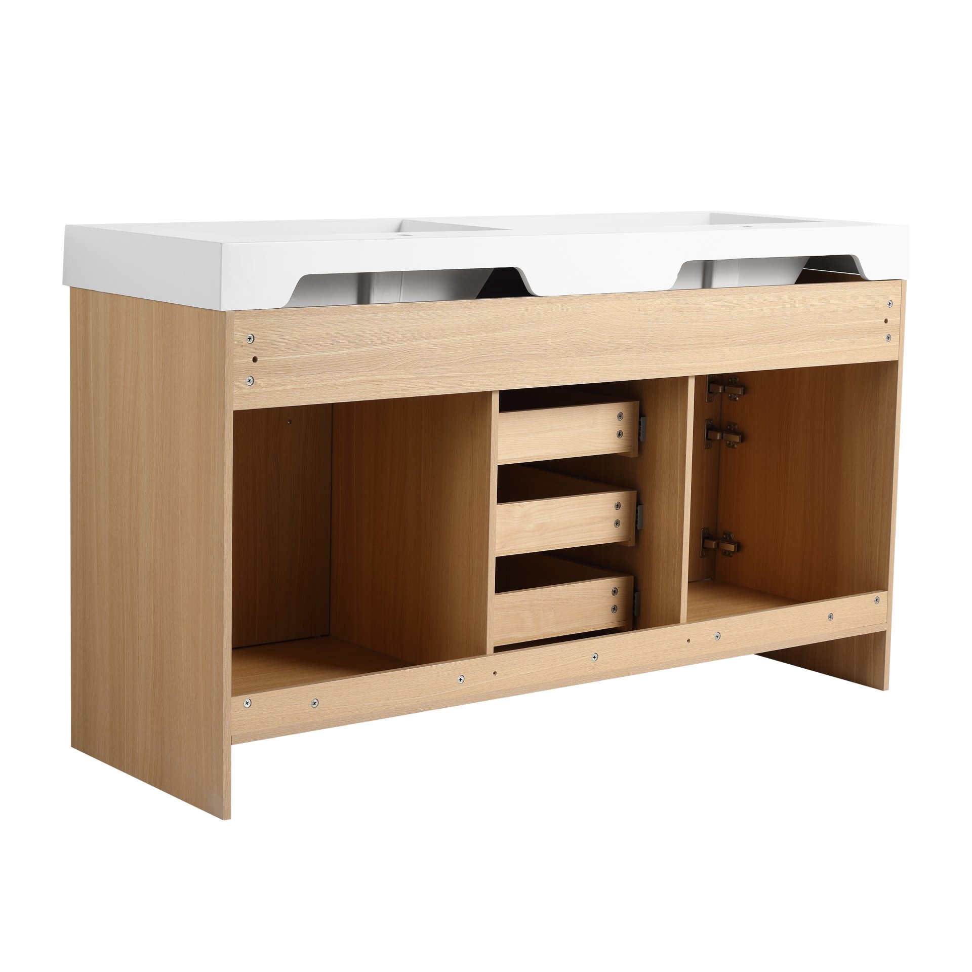 Original 60" Freestanding Bathroom Vanity With Double Resin Sink Soft Closing Doors & Drawers Plywood - Oak - Image 11
