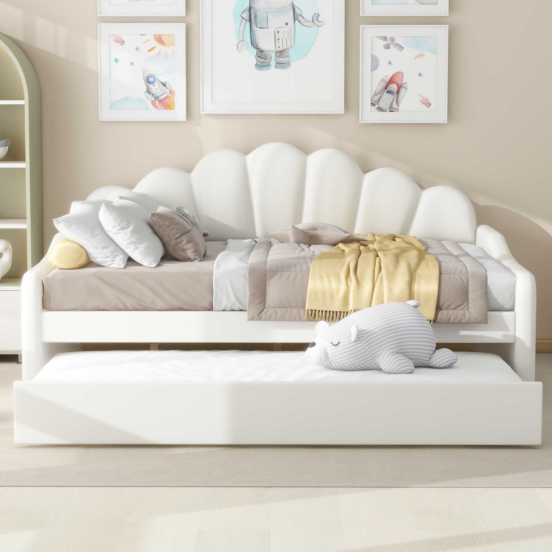 Full Size Upholstery Daybed Frame With Shell Shaped Backrest And Trundle - White - Image 4