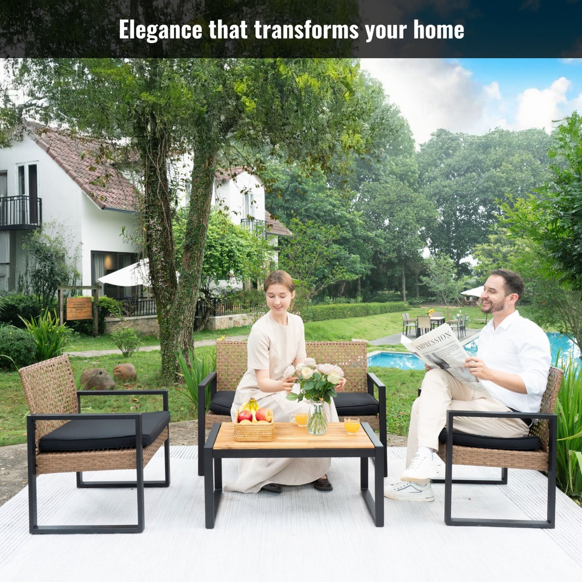 4 Piece Patio Furniture Set Outdoor Balcony Porch Garden Backyard Lawn Furniture Acacia Wood Table Top, Morden - Black And Light Brown - Image 2