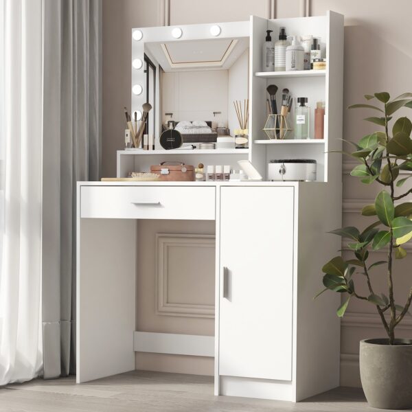 Vanity Desk With Mirror & Light, Large Drawer Three Level Storage Dresser, 3 Lighting Modes Adjustable Brightness, Bedroom Dressing Table - White