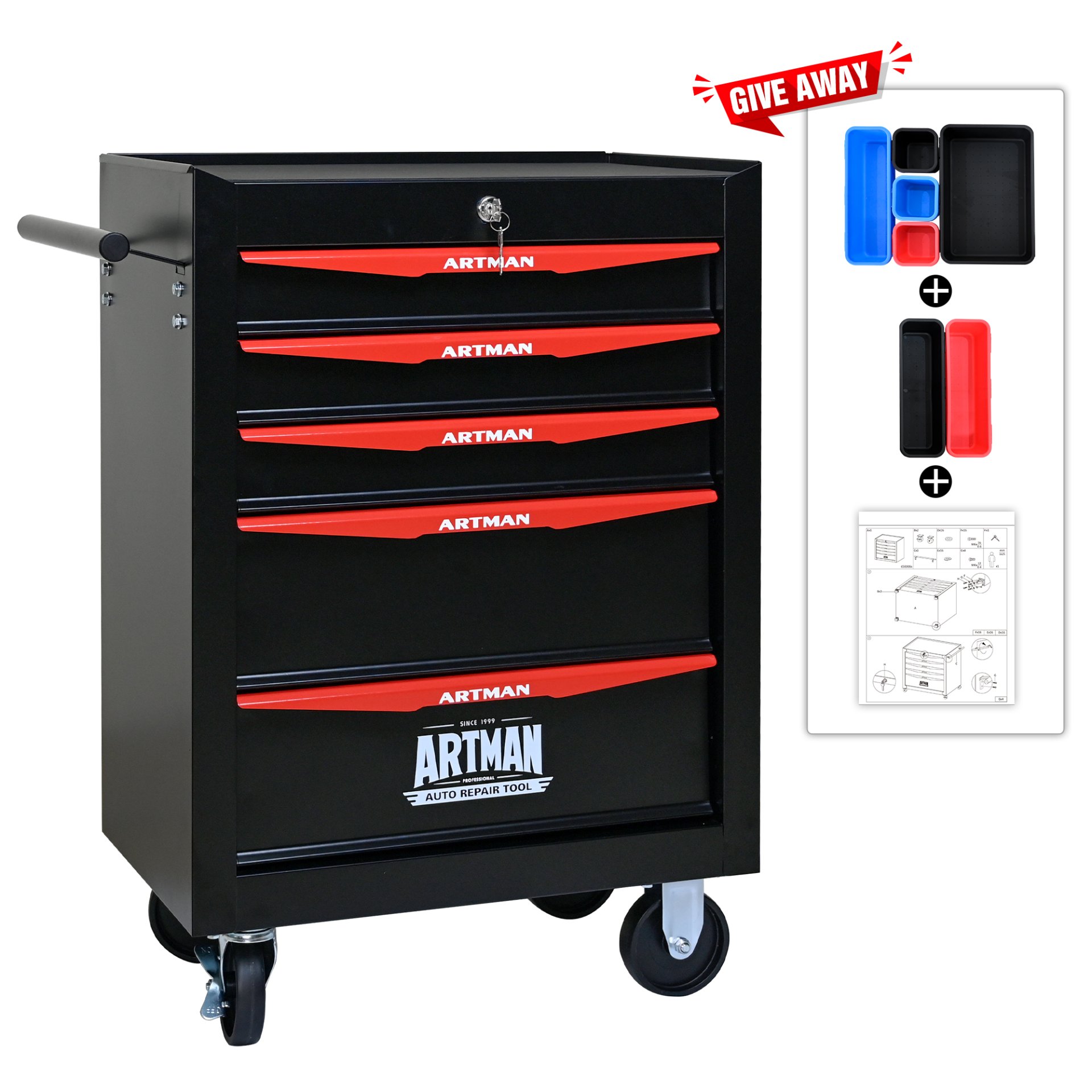 Rolling Metal Tool Chest With 5 Drawers, 20" Steel Storage Cabinet With Ball Bearing Slides - Black / Red - Image 5