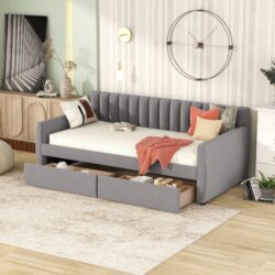 Twin Size Upholstered Daybed & Drawers, Slat Support - Gray