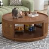 Wooden Mid-Century Modern Coffee Table, Round Cane Coffee Table With Side For Living Room - Brown - Image 3