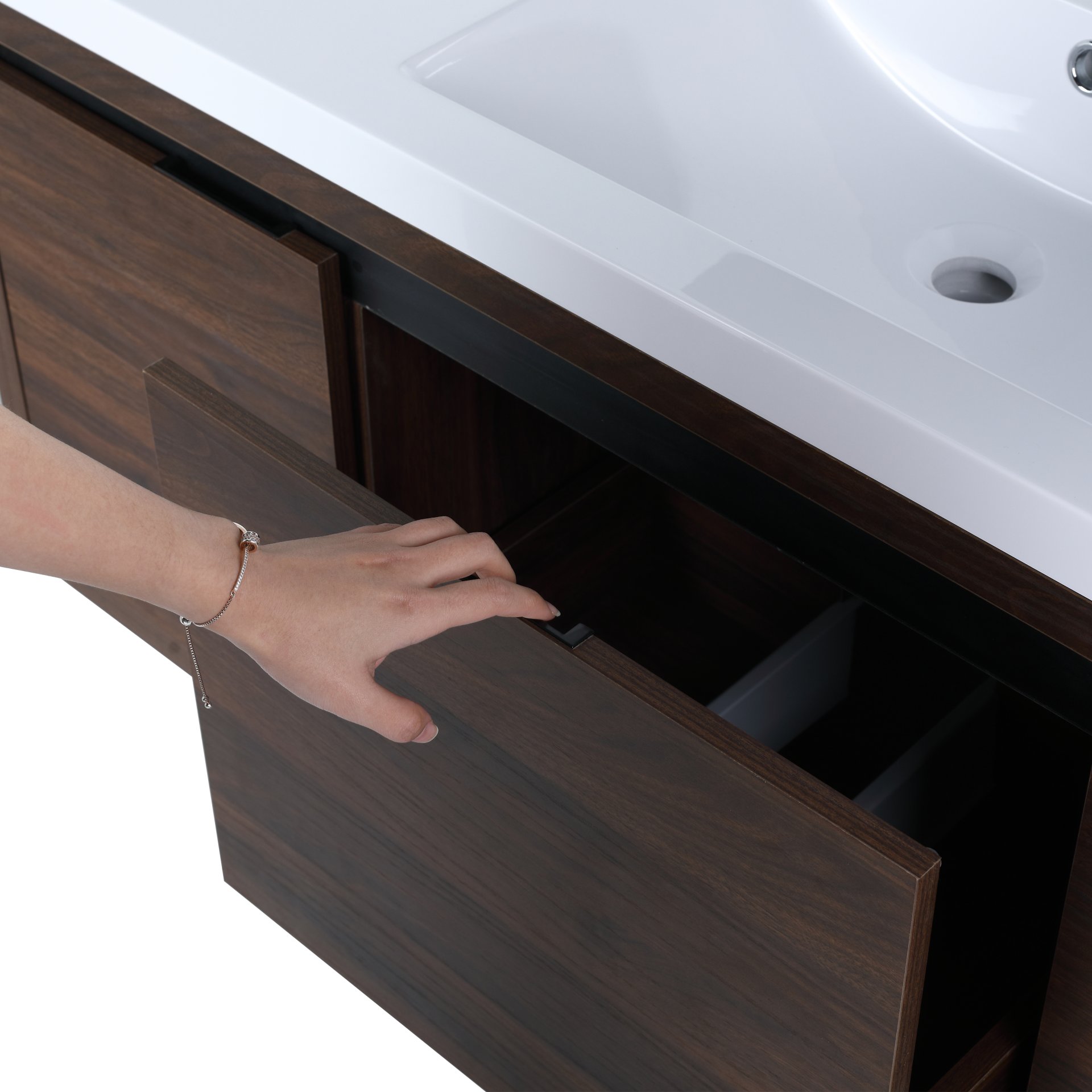 Floating 48" Bathroom Vanity With Resin Sink And Soft Close Doors California Plywood - California Walnut - Image 14