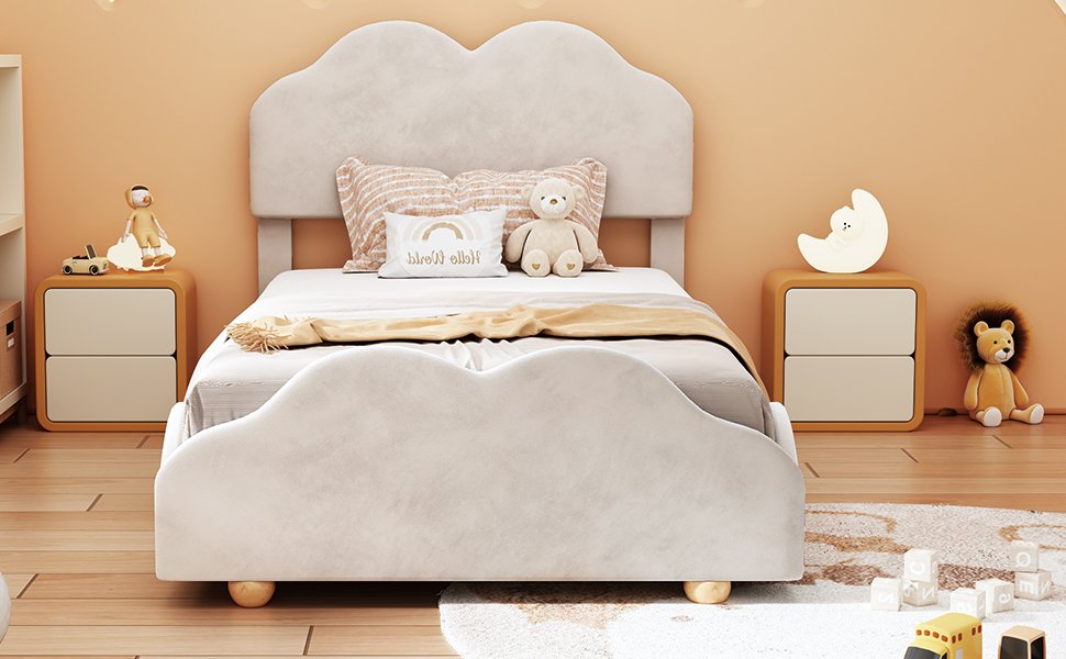 Twin Size Upholstered Platform Bed With Cloud Shaped Board - Beige - Image 11