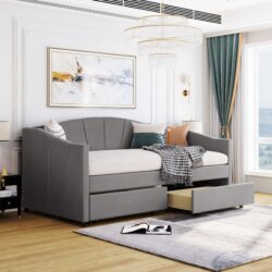 Twin Size Upholstered Daybed With Two Drawers And Slat - Gray