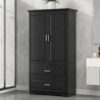 Tall Bathroom Storage Cabinet, Cabinet With 2 Doors And Drawers, Adjustable Shelf - Black - Image 2