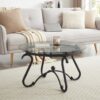 2 Piece Tempered Glass Surface Coffee Table Set, Decor Coffee Table Round End Side Table With Sturdy Construction For Living Room (Rustic) - Black - Image 7