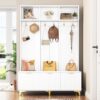 Modern Large Storage Hall Tree With Bench, Luxurious Coat Rack With 6 Hooks And Legs For Entryway, Living Room - White / Gold - Image 4