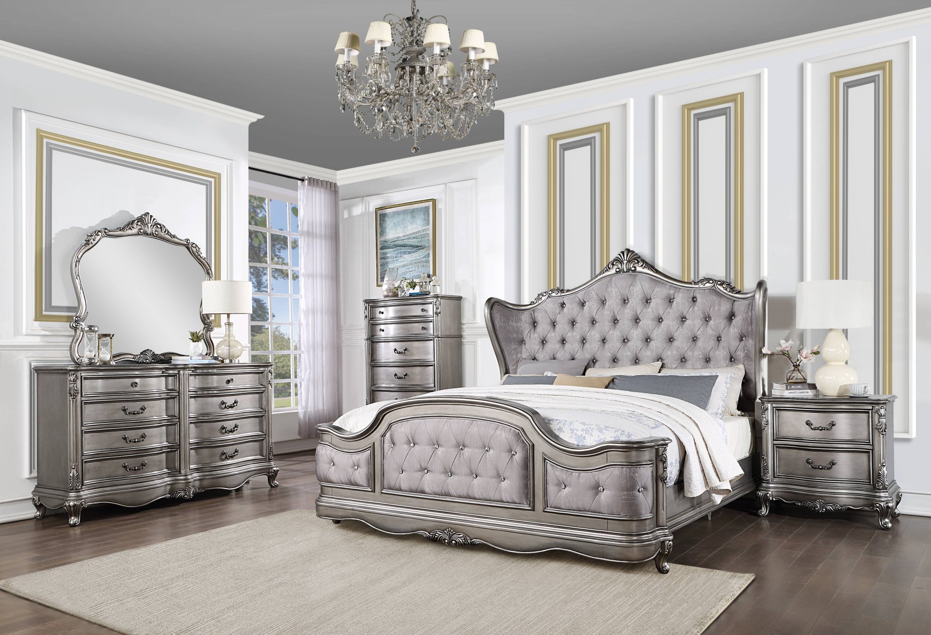 Ariadne - Eastern King Velvet Bed - Antique Silver - Image 2